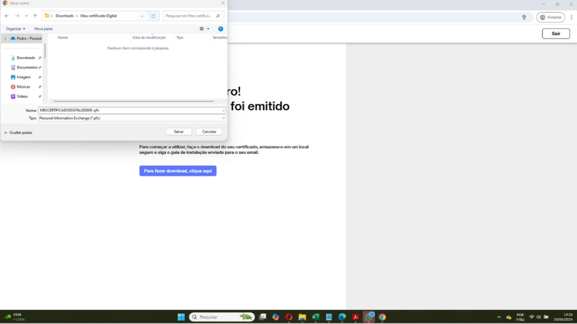 Tela de download do certificado
