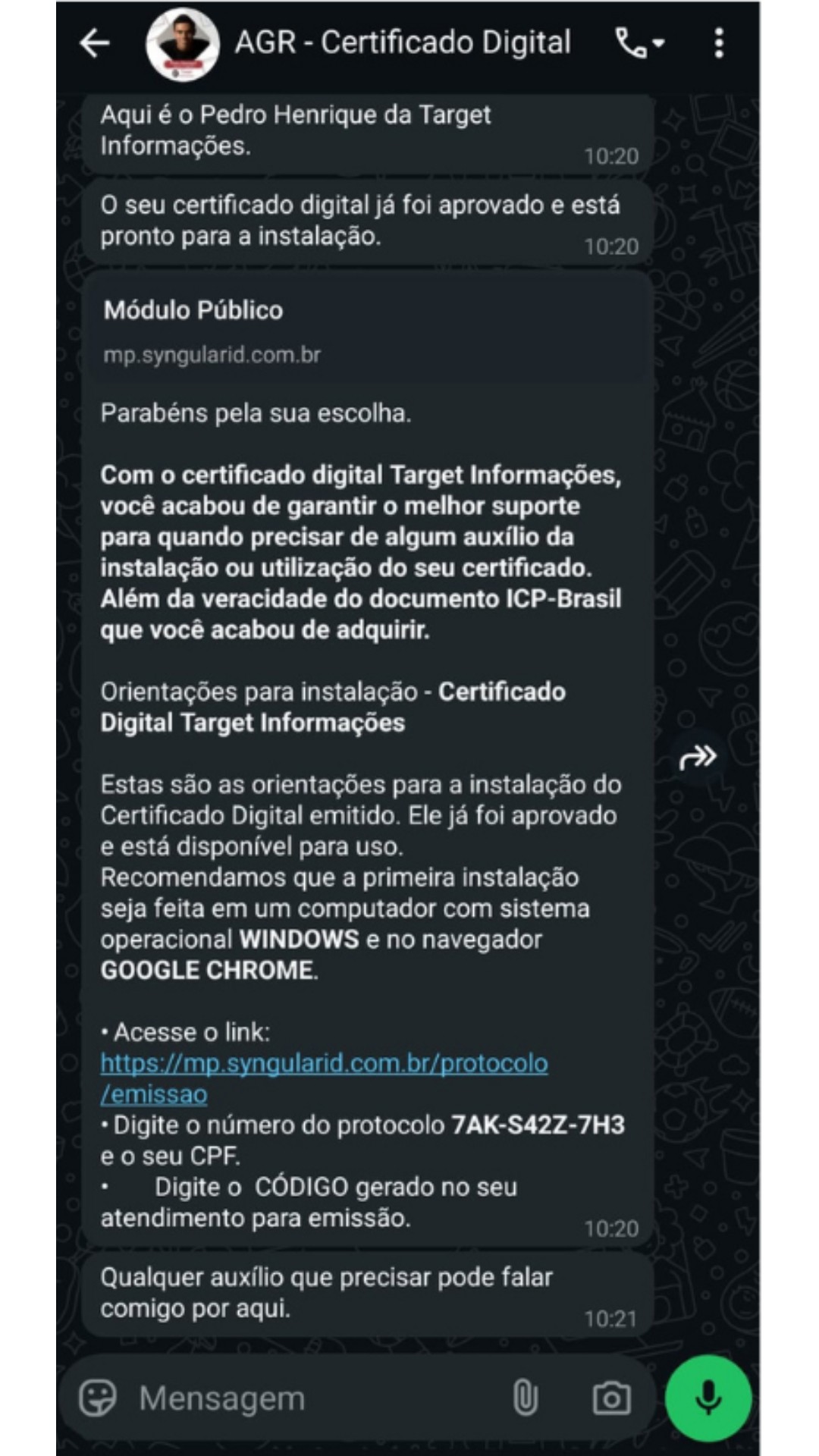 Mensagem de orientações para instalação