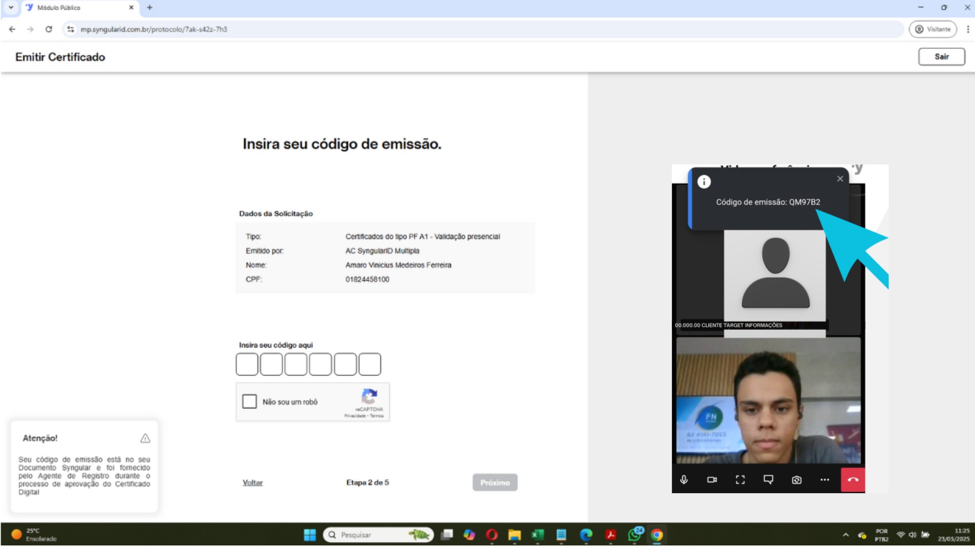 Tela de inserção do código de emissão