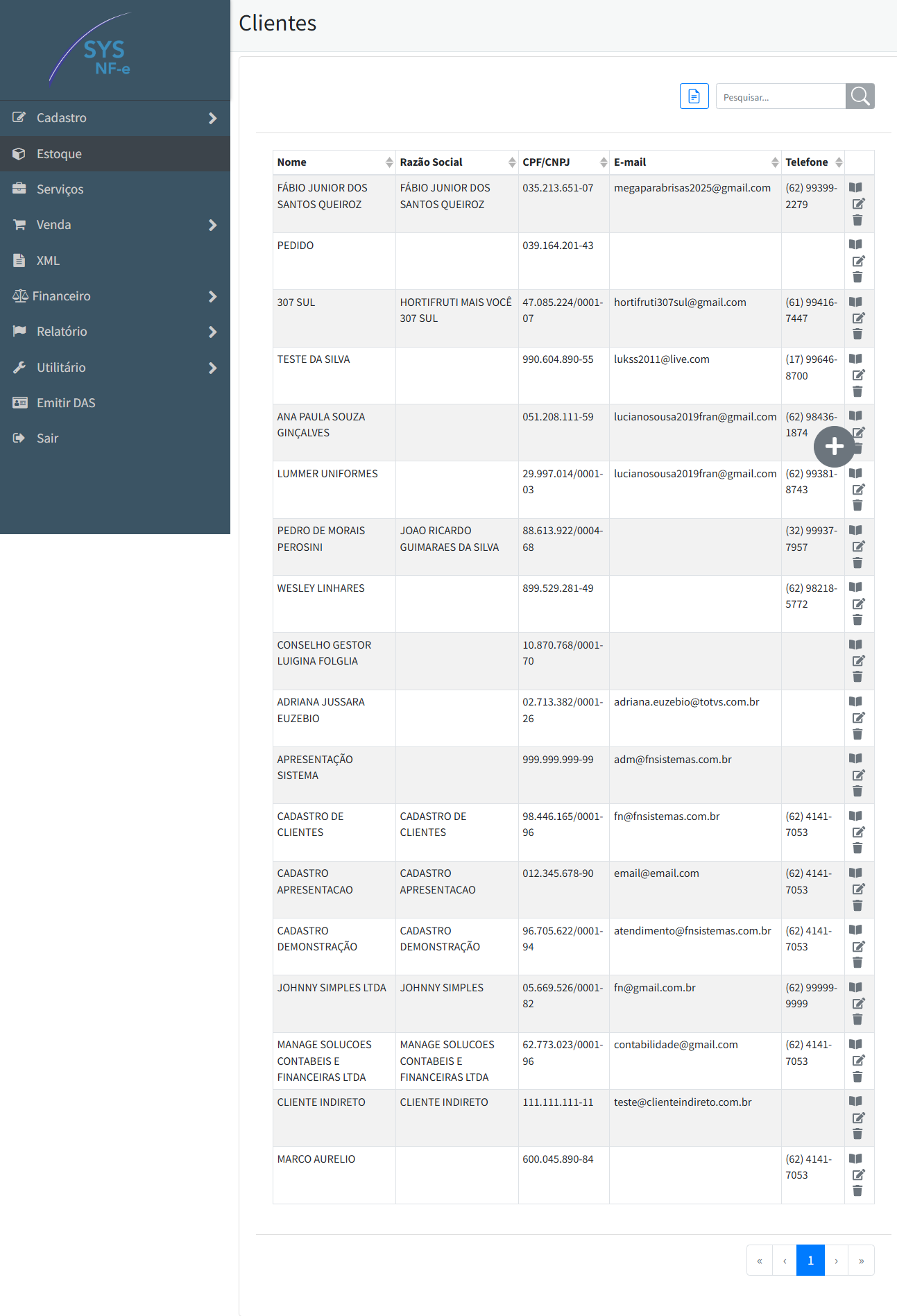 Lista de clientes no SYS NF-e com botão para novo cadastro