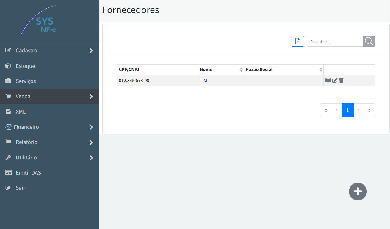 Lista de fornecedores no SYS NF-e com botão para novo cadastro
