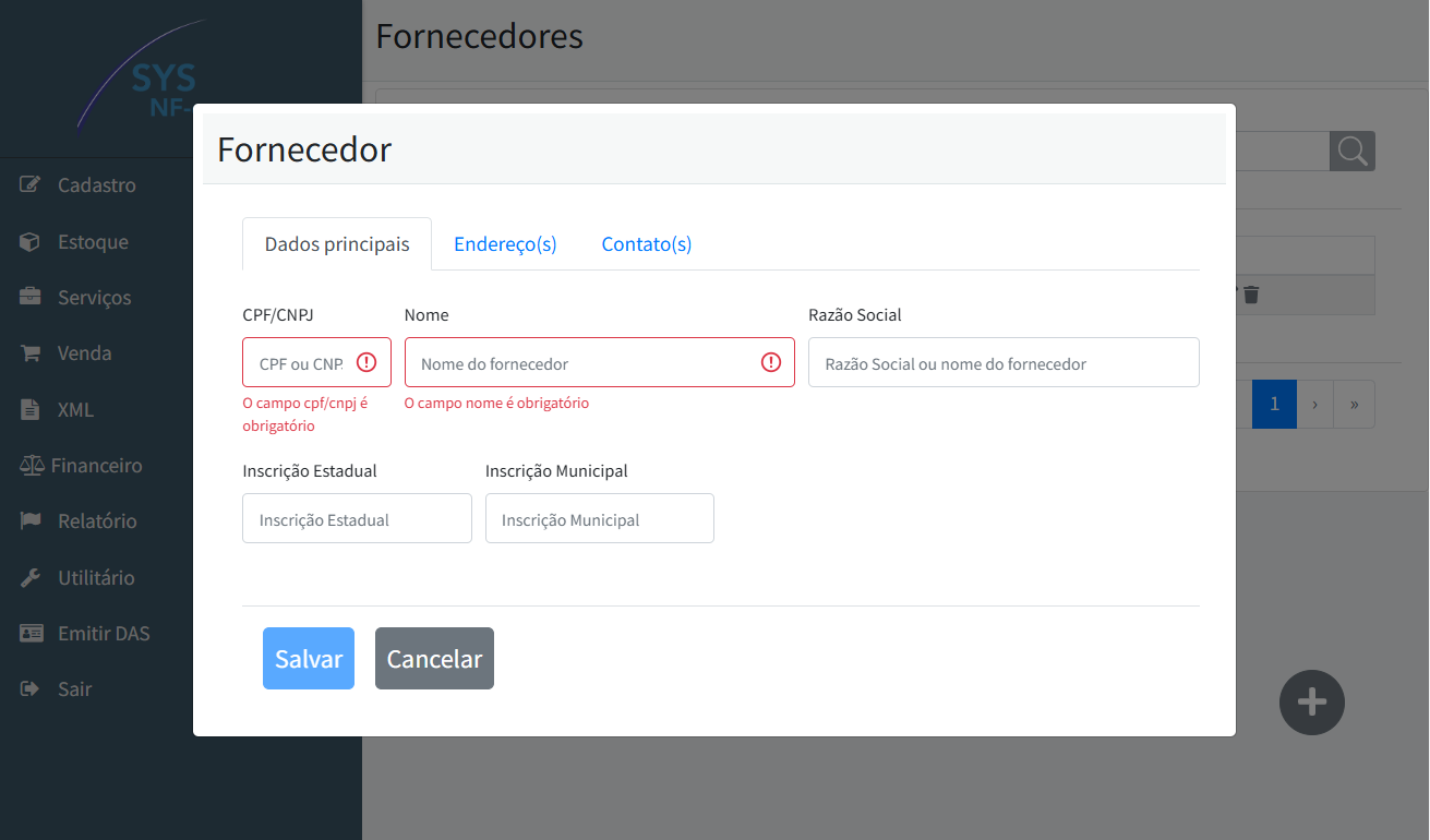 Formulário de cadastro de fornecedor no SYS NF-e
