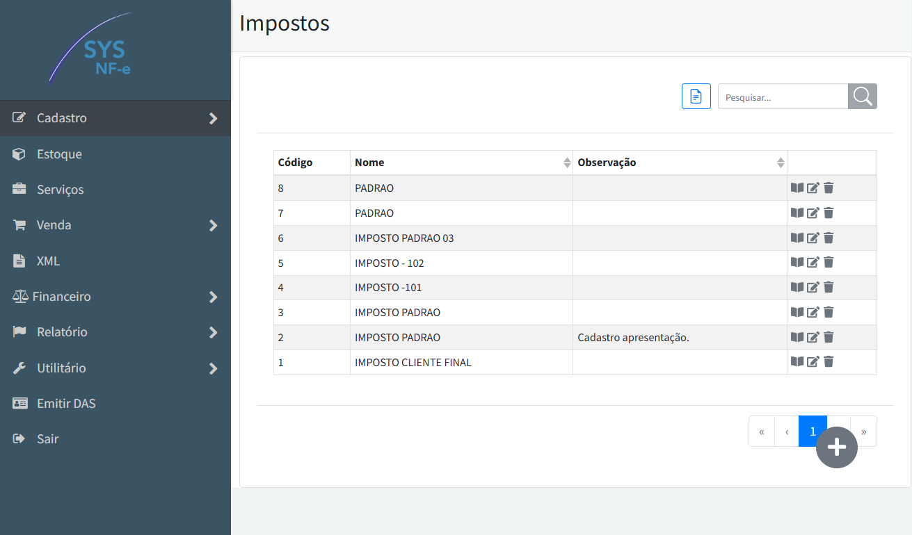 Lista de impostos no SYS NF-e com botão para novo cadastro