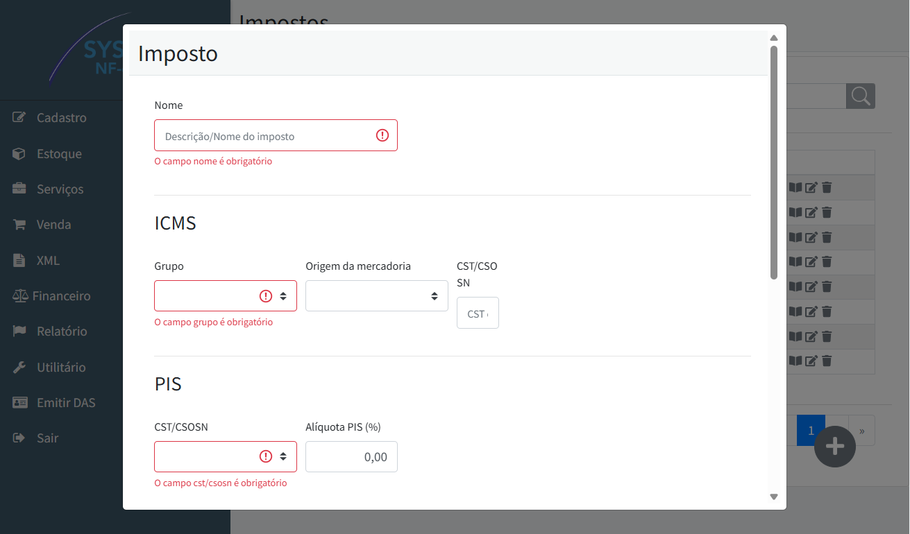 Formulário de cadastro de imposto no SYS NF-e