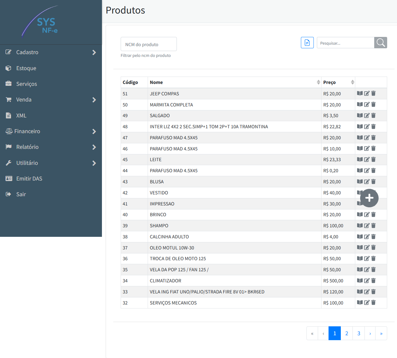 Listagem de produtos no SYS NF-e