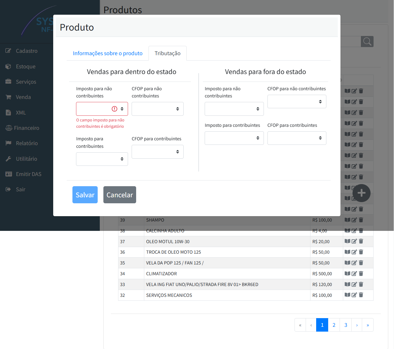 Aba de tributação e configuração de imposto do produto