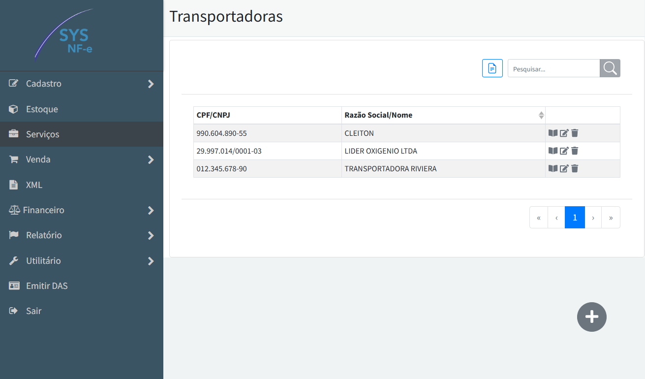 Lista de transportadoras no SYS NF-e com botão para novo cadastro