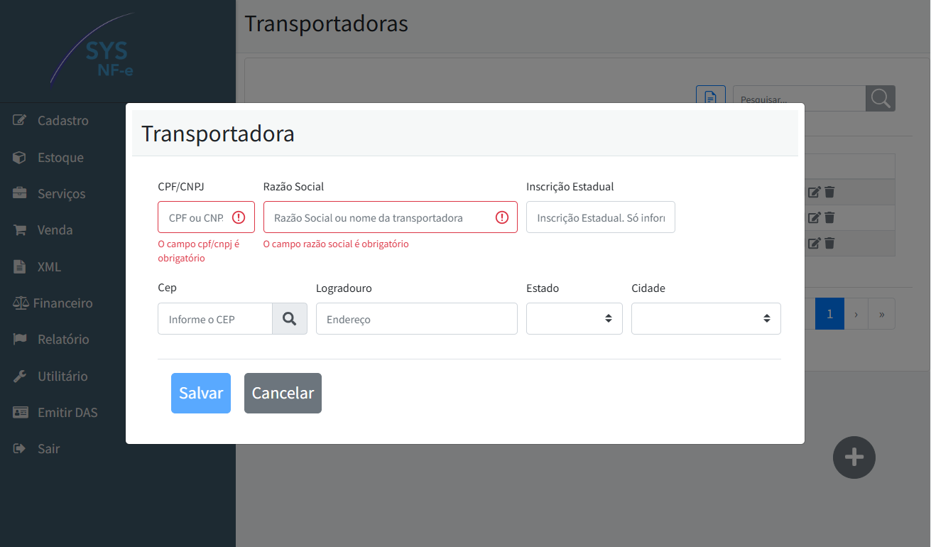 Formulário de cadastro de transportadora no SYS NF-e